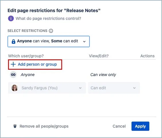 Edit restrictions dialog showing user and permission selection options