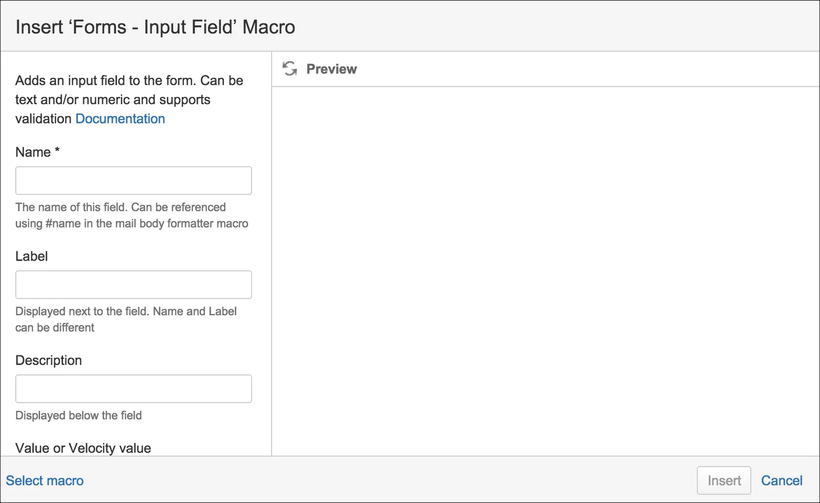 Forms - Input Field macro settings dialog in Confluence, showing options to configure a form input field