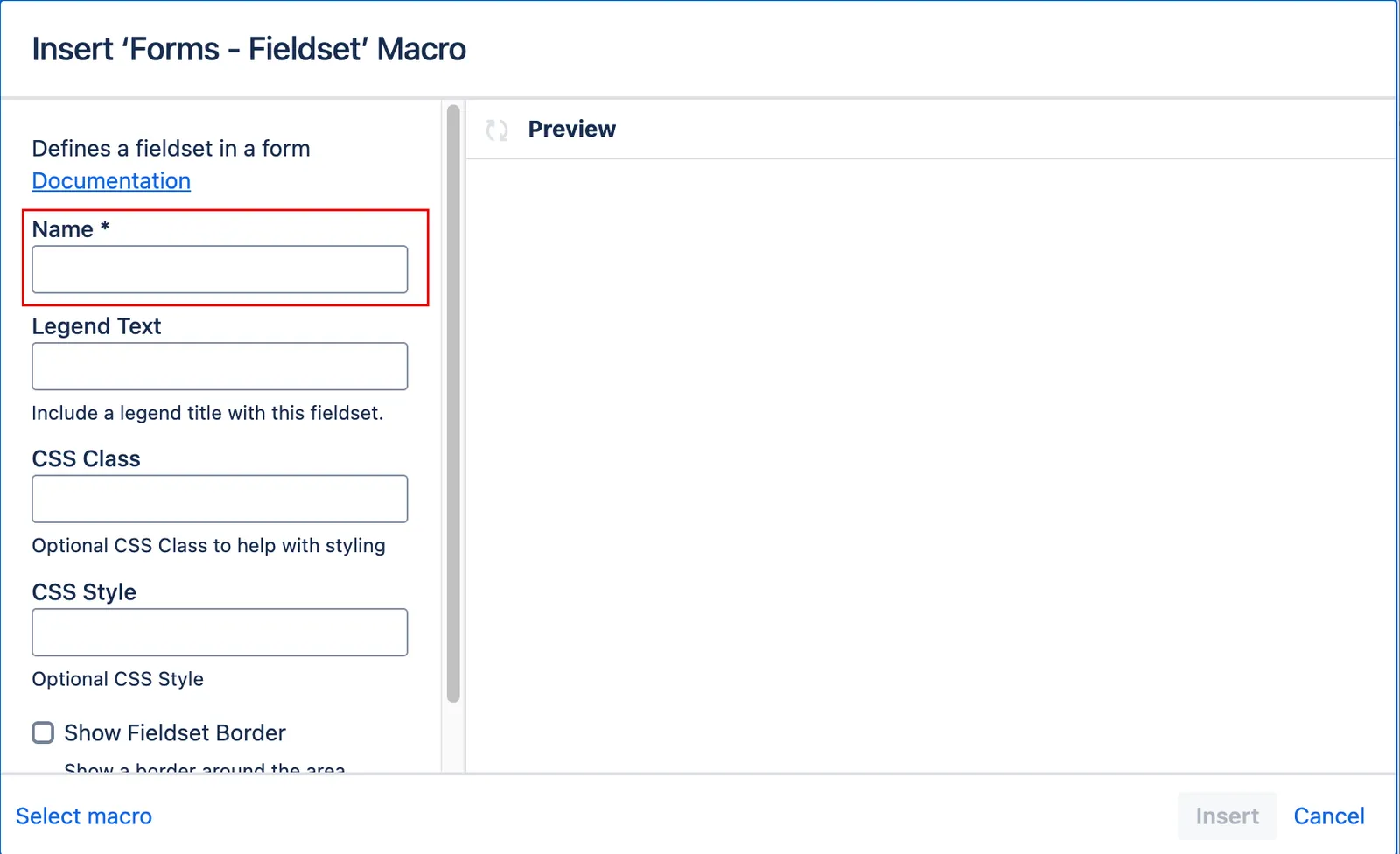 Fieldset macro configuration highlighting the Name field