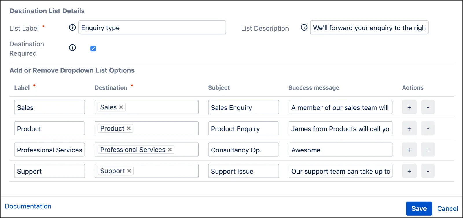 Destination List macro configuration showing label, destination, subject, and success message fields for each list option