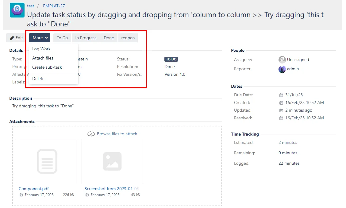 TMC List macro work logging view in Confluence showing options to log work, add attachments, change status, and add issue links for a Jira issue