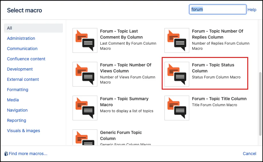 Macro selection dialog showing the Forum - Topic Status Column macro highlighted in the list.
