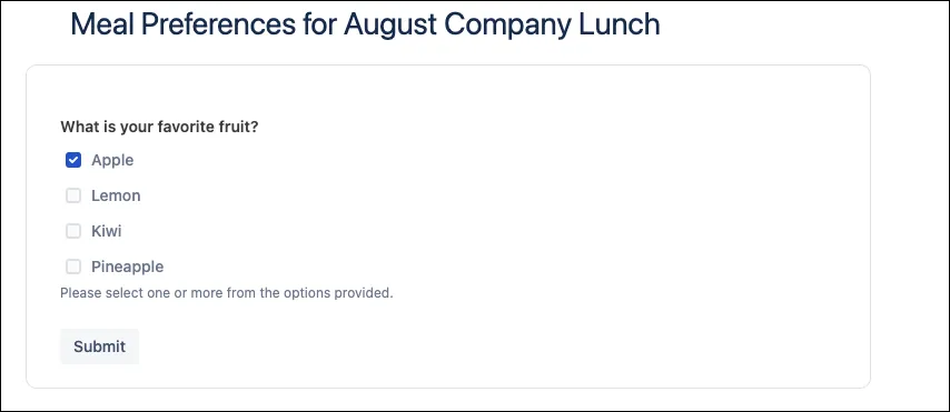 Published Confluence page showing a checkbox form question asking “What is your favorite fruit?” with Apple, Lemon, Kiwi, and Pineapple options.