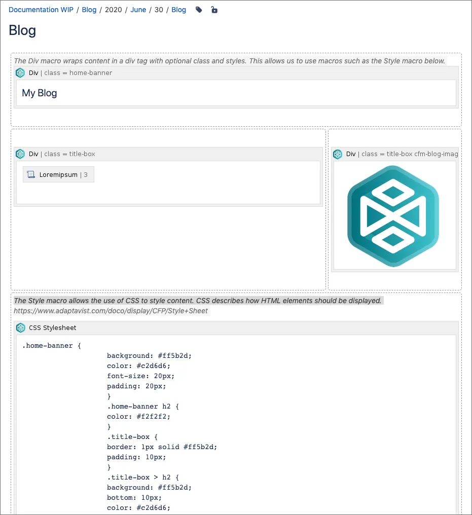 The edit page for the Blog template showing the blog title, content editor, and formatting toolbar
