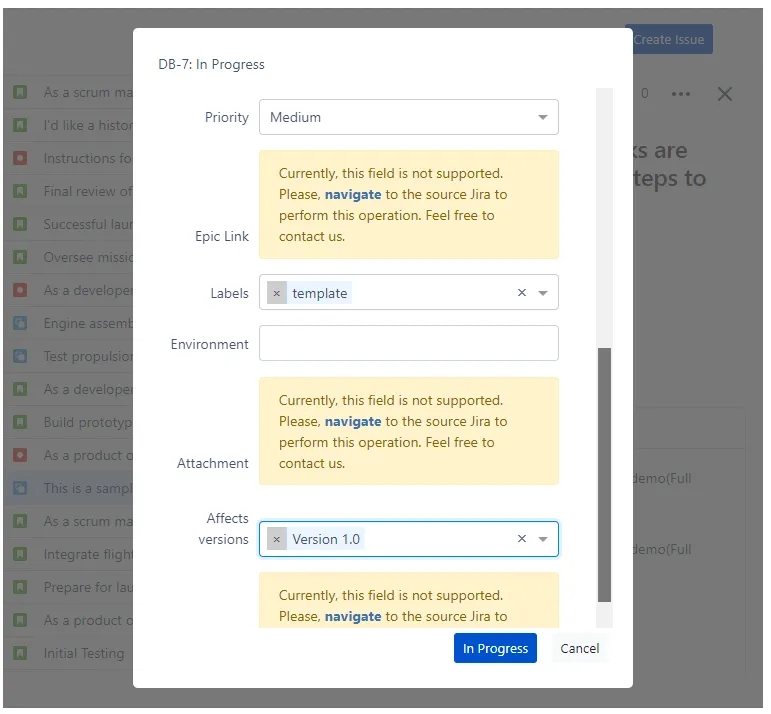 Transition screen in TMC displayed after changing the issue status, showing fields for entering required or optional transition information.