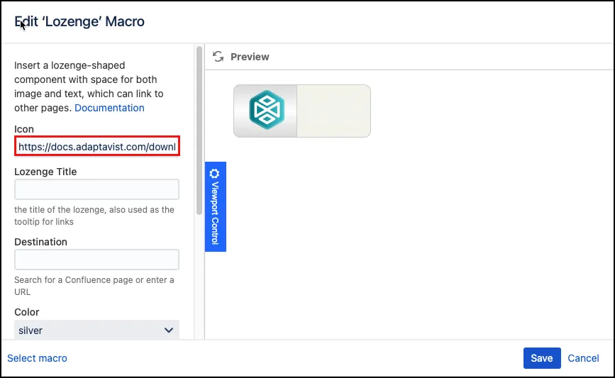 Confluence macro configuration showing the Icon field with an image URL entered