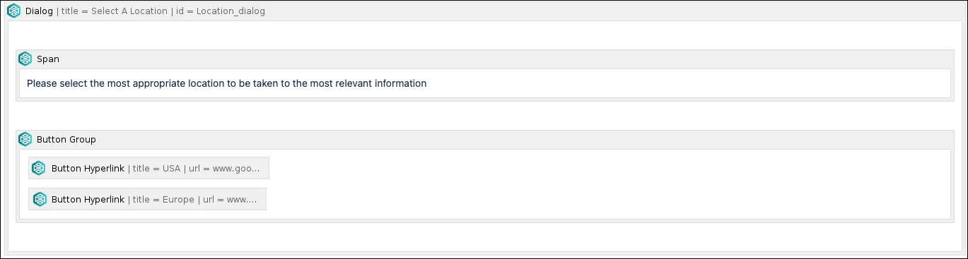 Dialog macro example showing a button group with multiple button hyperlink options inside the dialog box