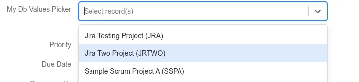 Dropdown option list showing project names with their corresponding project keys in parentheses.