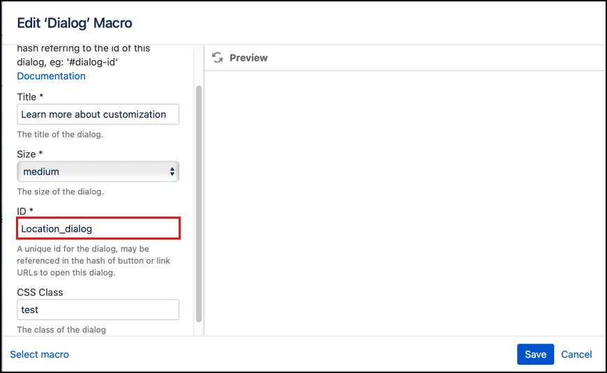 Dialog macro configuration screen showing the ID field set to Location_Dialog