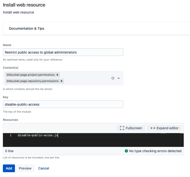 The Install Web Resource form filled out with the disable-public-access configuration.