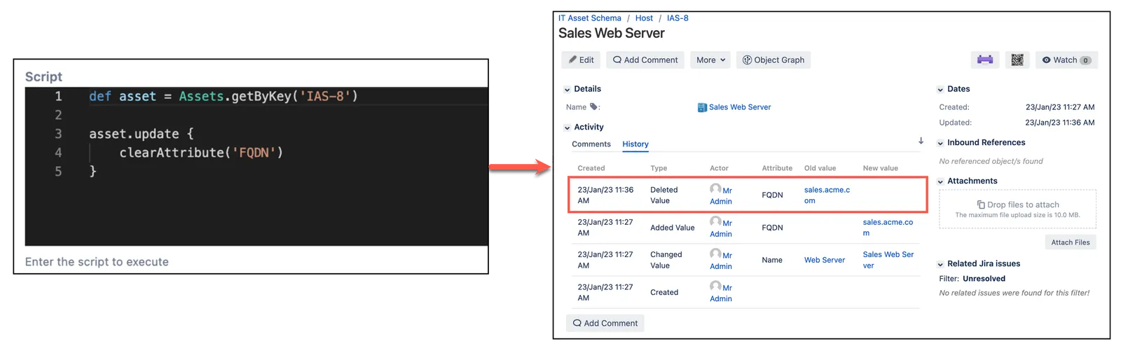 Screenshot of the asset.update command clearing the FQDN attribute in the user interface