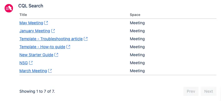 The example CQL Search macro on a page in Edit mode.