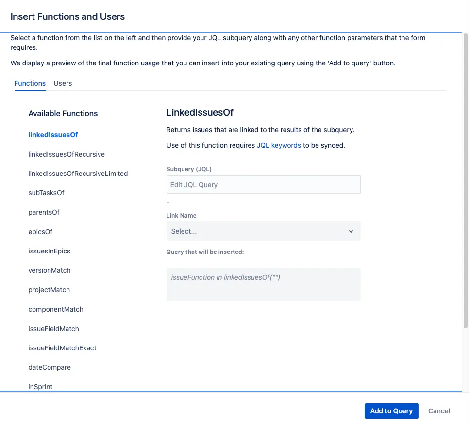 Insert Functions and Users screen showing the Functions tab with Available Functions list and Add to query button