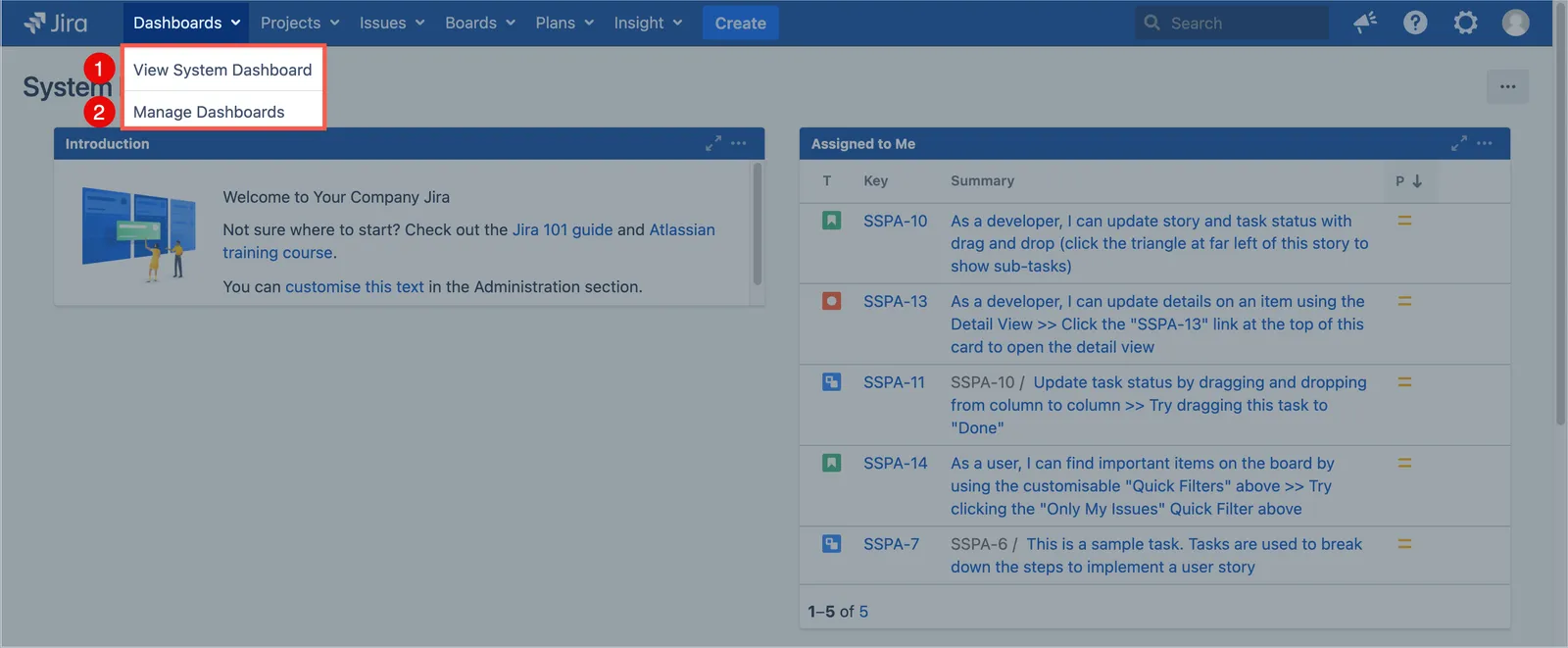 Jira Dashboard menu with the main Dashboard link and the Manage dashboards link highlighted to show their fragment locations.