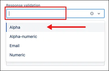 Form response validation settings with the Alpha option selected for a Short answer name field