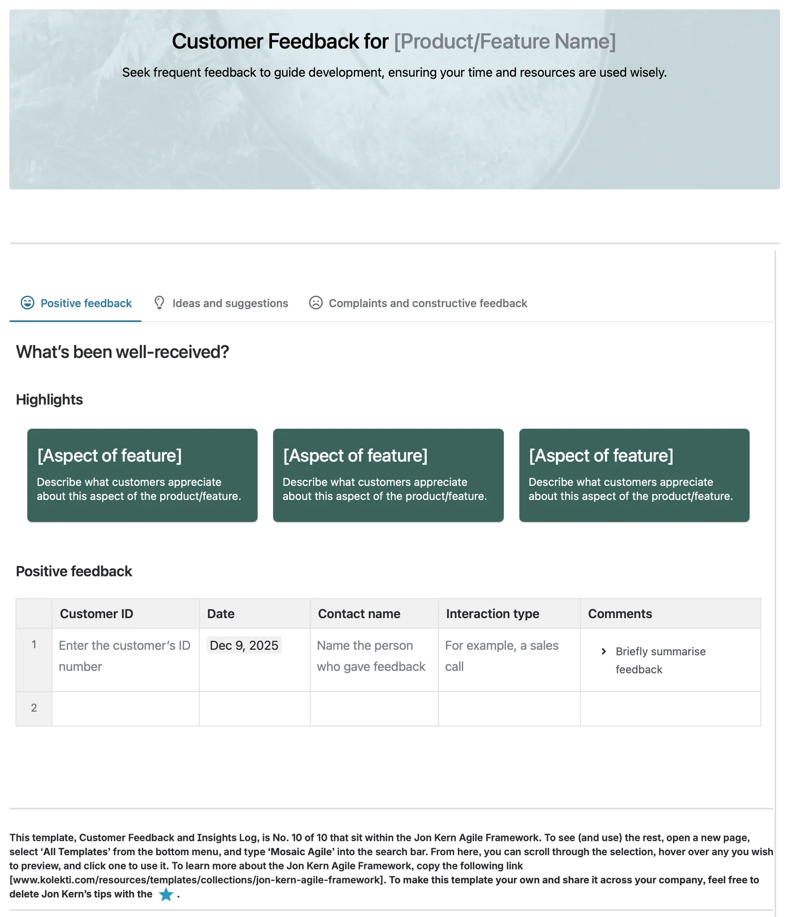 Published Agile customer feedback template