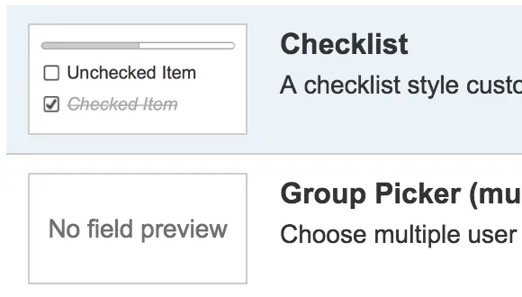 Checklist custom field configuration screen showing Kanoah Checklist options in Jira