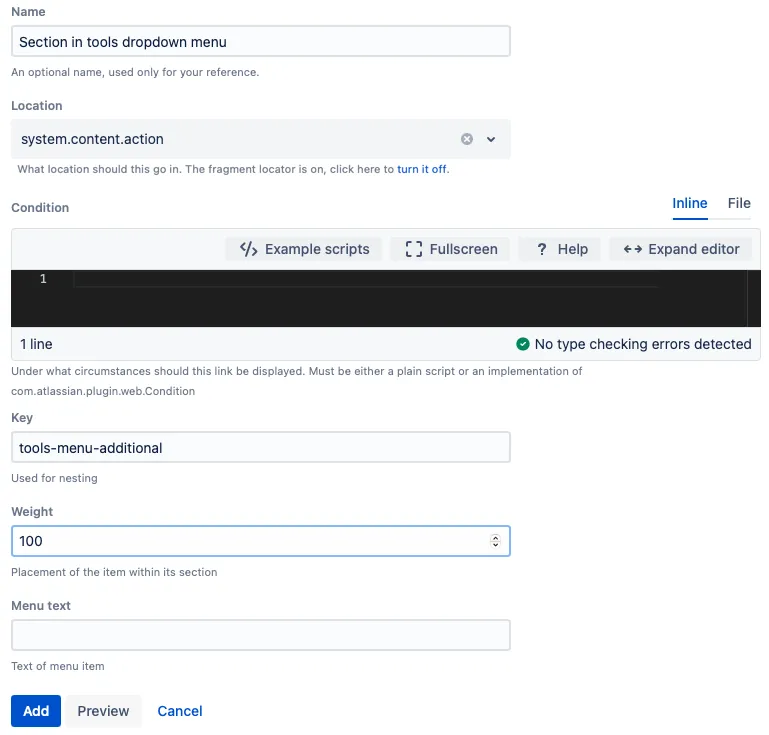 A Web Fragment form with example content.