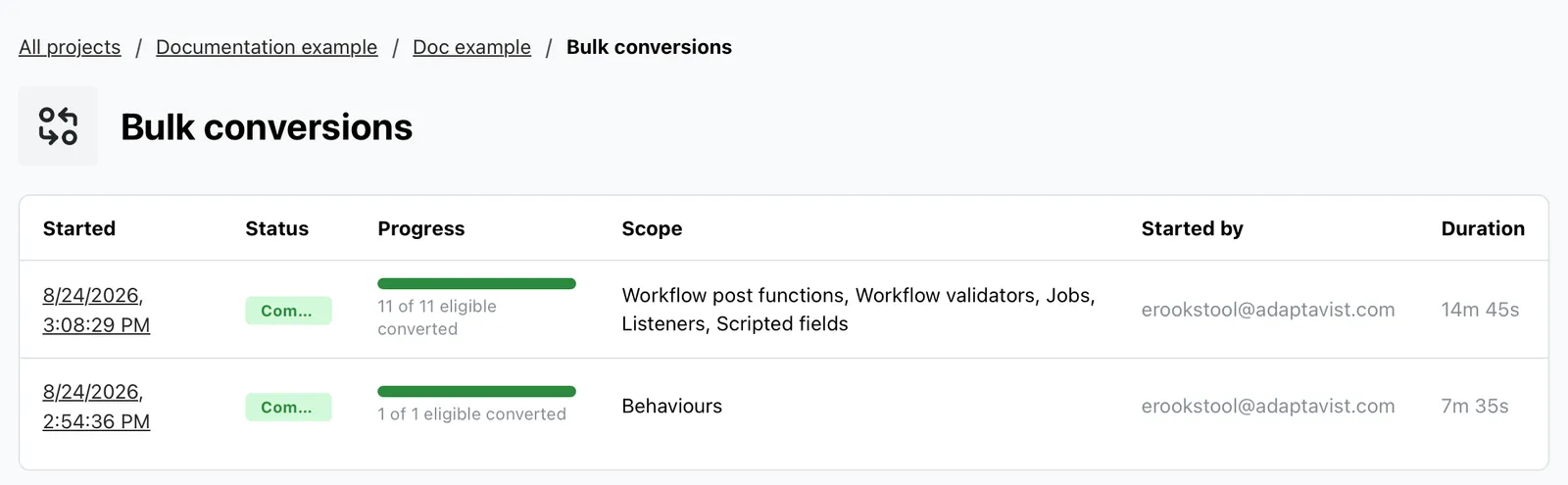 Bulk conversions history