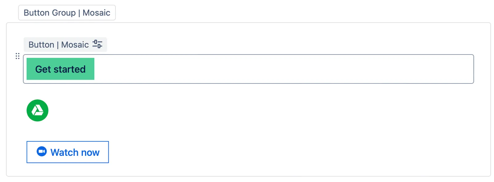 Button Group macro placeholder containing three Button macros labeled Email, Search, and Edit in the Confluence editor