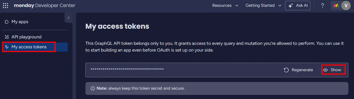 Image of My access tokens screen with options highlighted