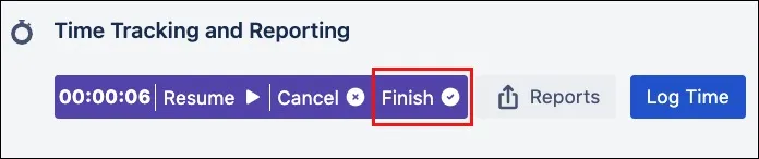 Finish button to stop the timer and create a time log