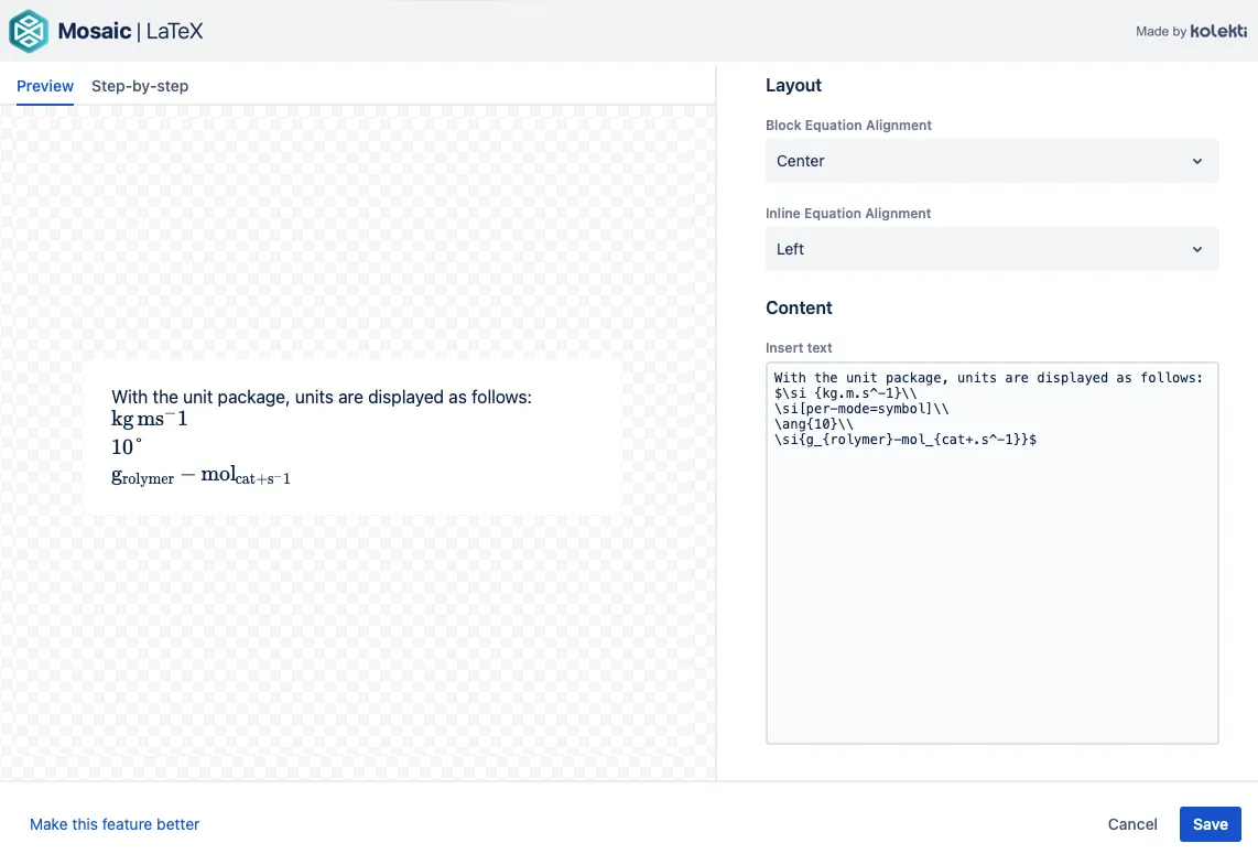 LaTeX editor with unit examples