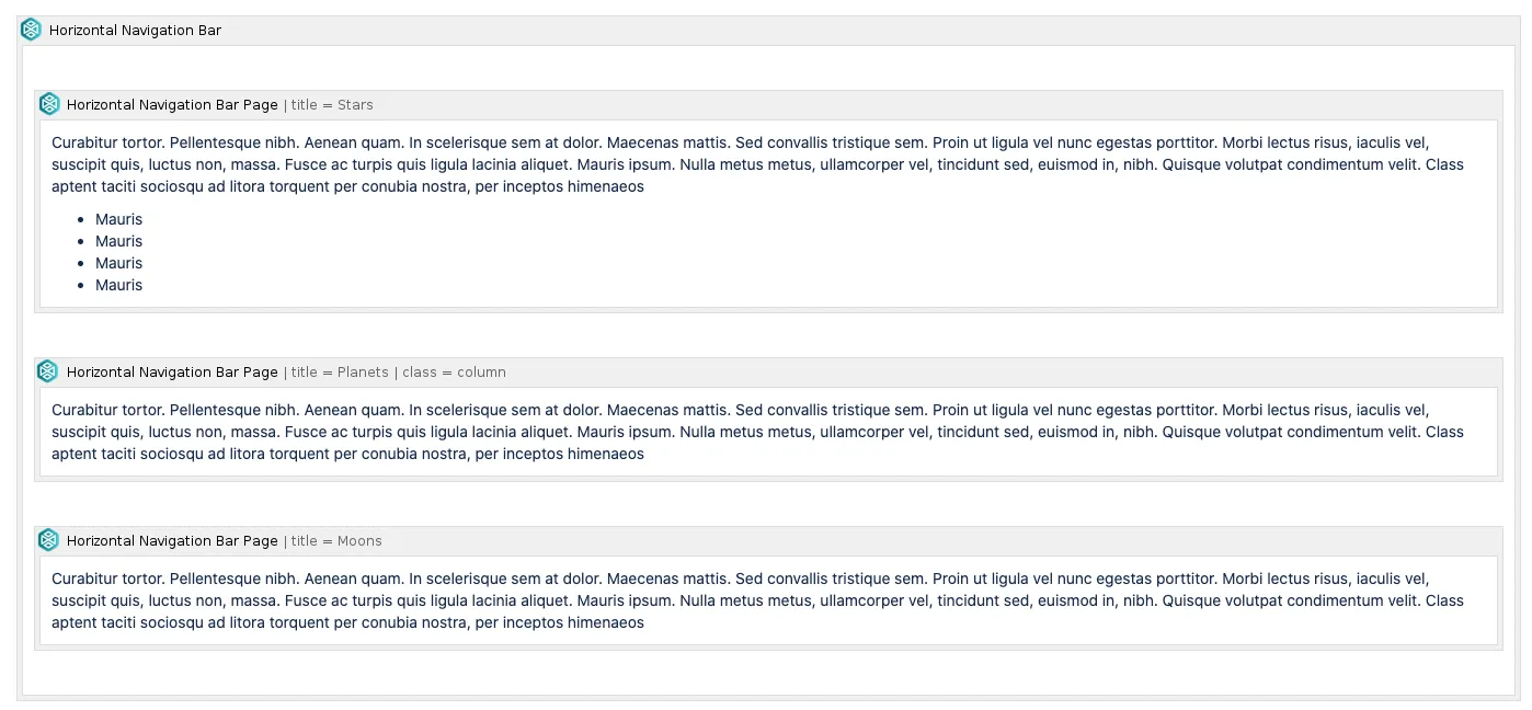 Horizontal Navigation Bar Page macro placeholder with editable content area on a Confluence page