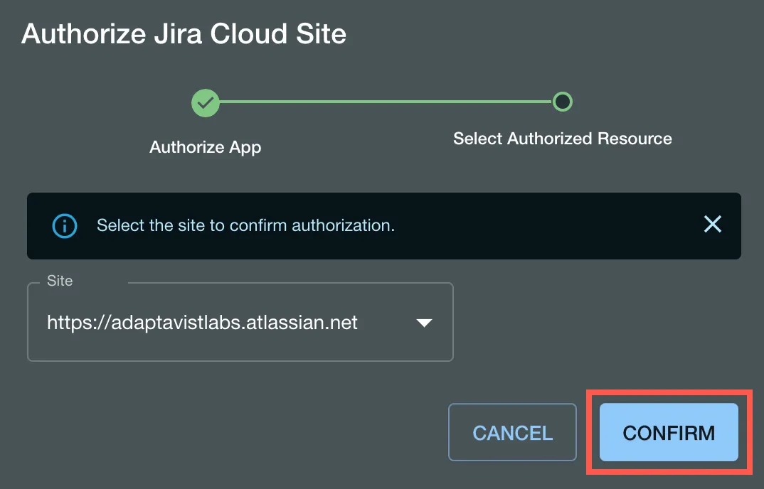 The Confirm button highlighted in the Authroize dialog.