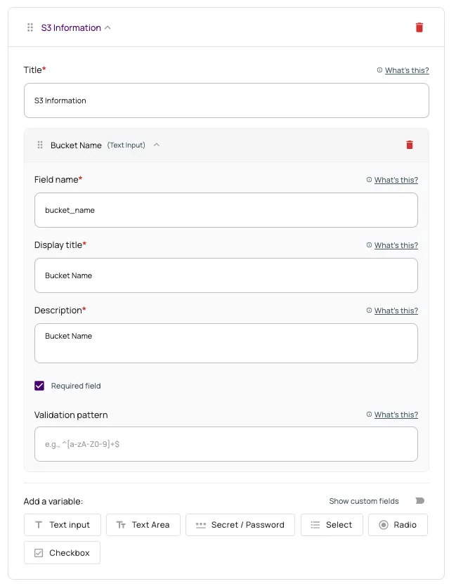 Step 2 fields, which include S3 Bucket information fields and the ability to add variables.
