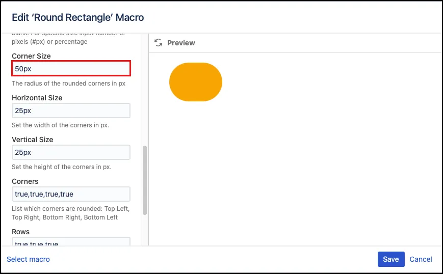 Interface showing a rounded rectangle with Corner Size set to 50px, illustrating how a higher pixel value increases the roundness of the corners.