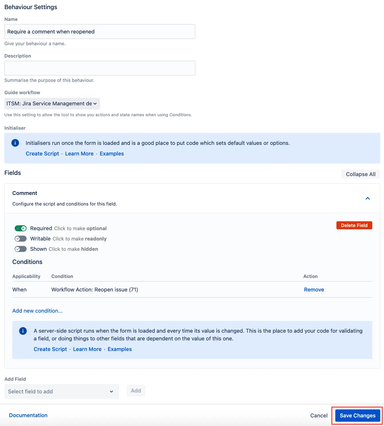 Behaviour configuration showing Comment field required on workflow transition