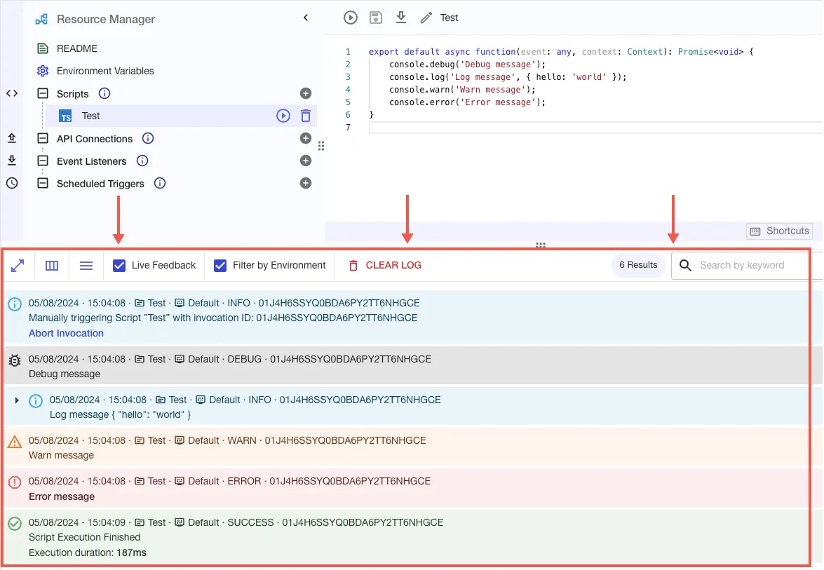 The ScriptRunner Connect Console Log, highlighted in the app.