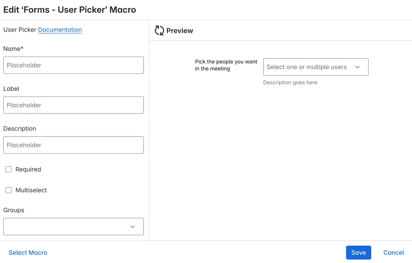 Example of the User Picker macro configuration showing the Groups field with multiple group options selected.