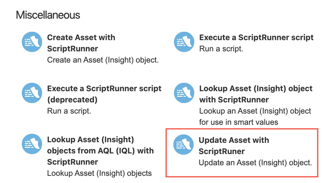 Automation for Jira rule configuration screen with Update Asset with ScriptRunner selected under Miscellaneous