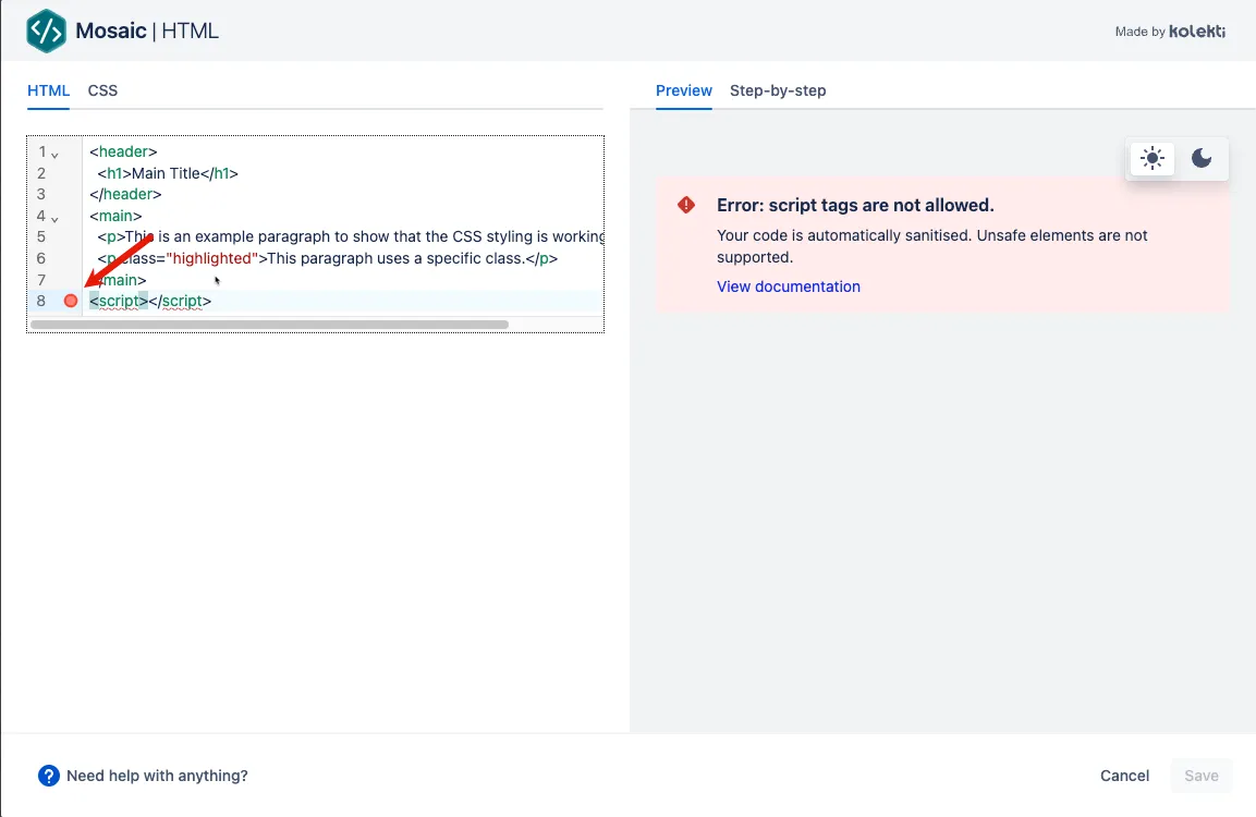 Example of highlighted, blocked HTML code that violates the allow list sanitization rules
