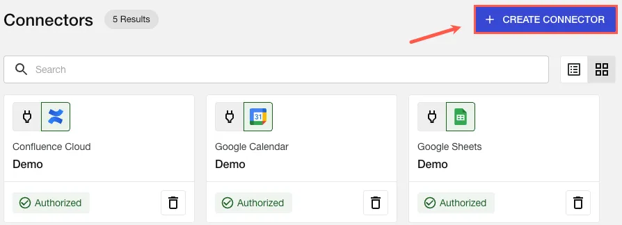 The Create Connector option highlighted in the Connectors screen.