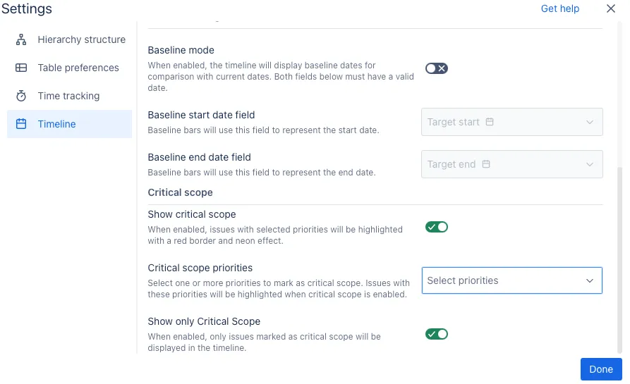This is a screenshot of the Heirarchy for Jira settings window with the Critical scope section within the Timeline tab shown.