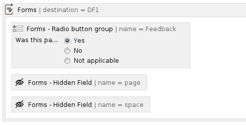 Feedback form configuration showing a Hidden Field macro with the Velocity value _$queryparam=title_ entered in the Value or a Velocity value field.
