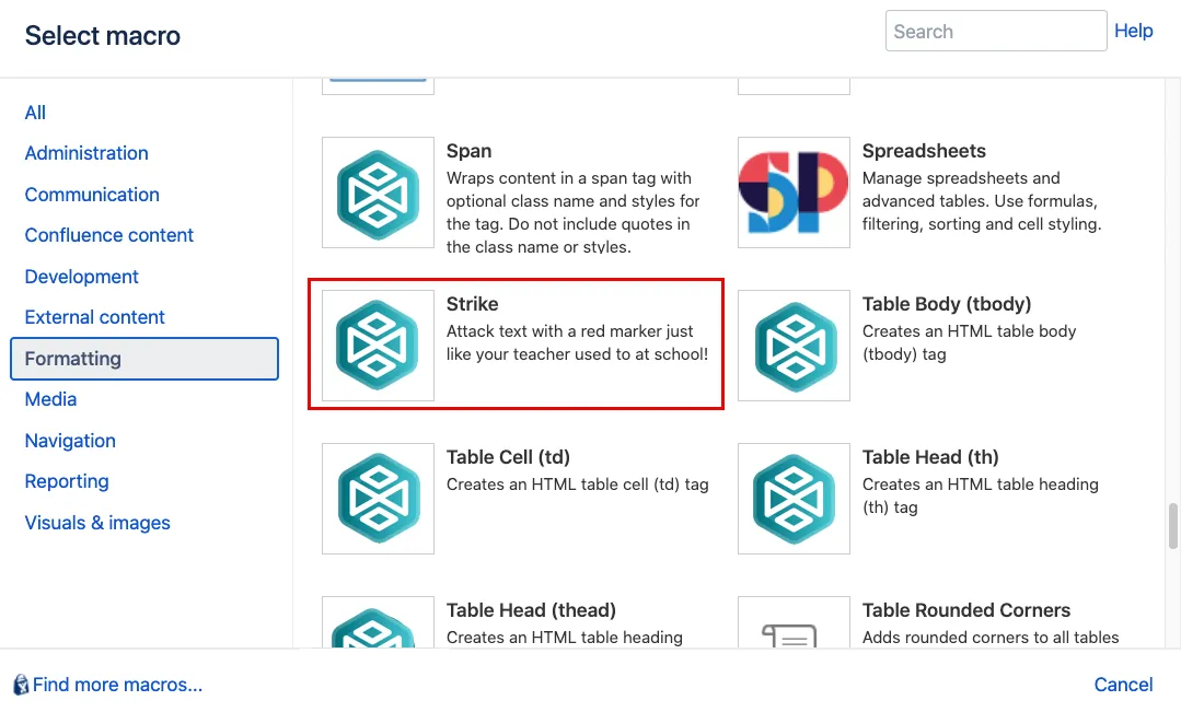 Selecting the Strike macro from the Macro Browser in Confluence