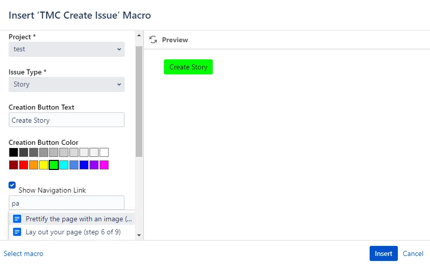 Confluence page showing a notification popup with a navigation link after creating a Jira issue using the TMC Create Issue macro