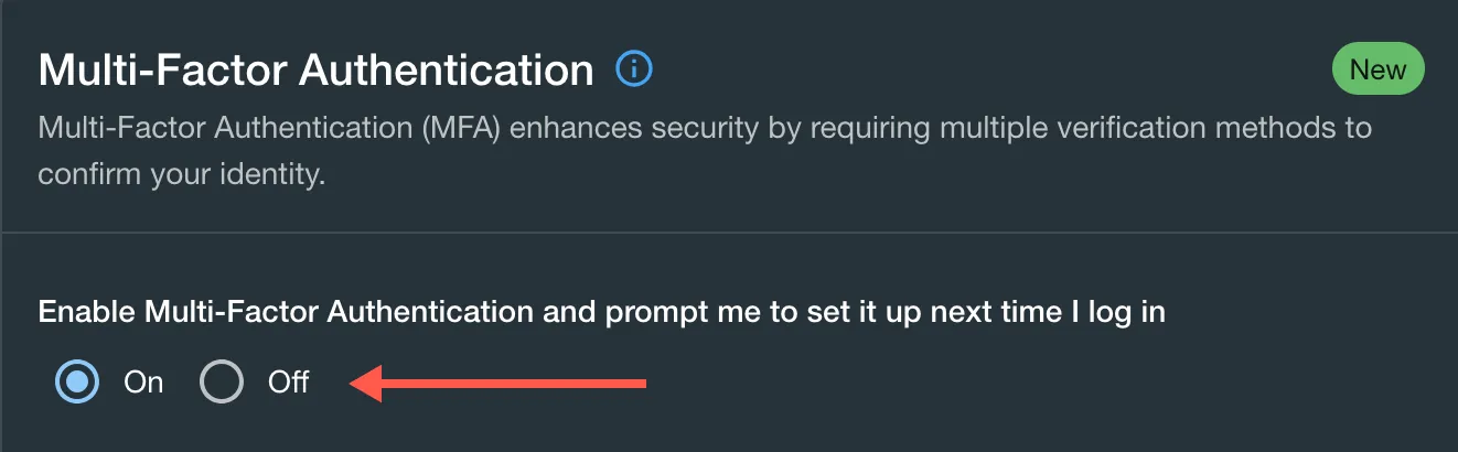The On and Off options shown for Multi-Factor Authentication in the ScriptRunner Connect app.