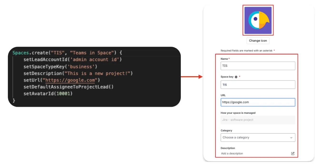 Example of setting space details in the UI when creating a new space