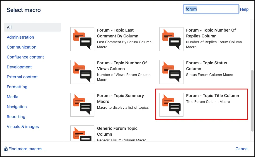 Forum macro configuration dialog showing the Forum - Topic Title Column macro selected in the Other Macros menu