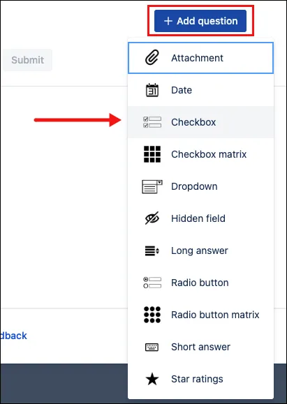 Form builder interface showing the Add question menu with the Checkbox option selected.