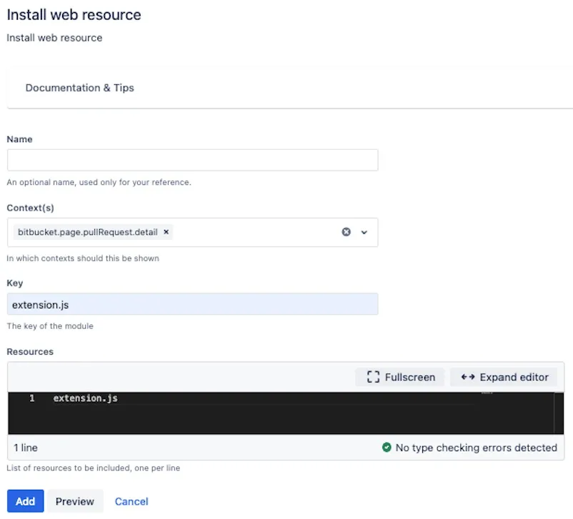 Install Web Resource form configuration