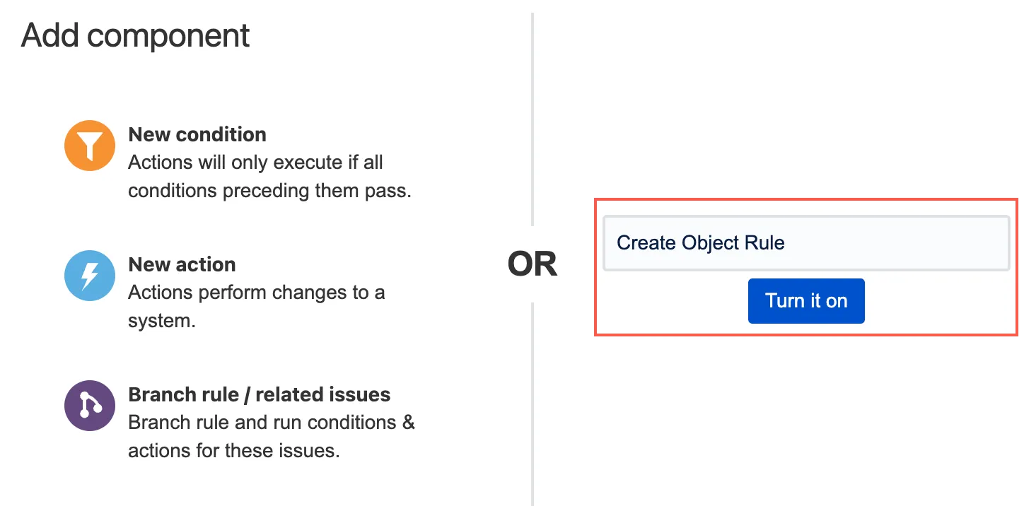Automation for Jira rule details screen showing the Create Object Rule enabled