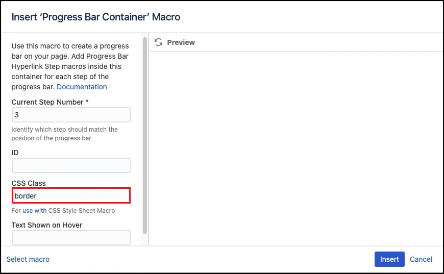 Progress Bar Container macro settings showing the CSS Class field populated with the value "border".