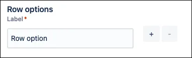Form Builder interface showing the Checkbox matrix Row options section with multiple row labels listed in a text field.