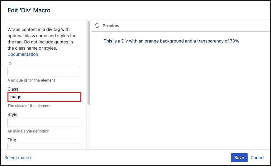 Div macro configuration showing the Class field set to "image" for using an image as a background